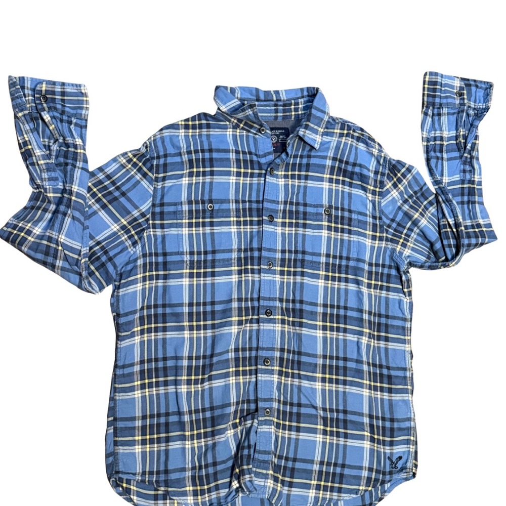 American Eagle Men’s Blue Plaid Flannel Shirt L Athletic Fit Y2K Grunge